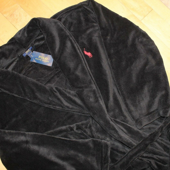 POLO RALPH LAUREN MEN'S PLUSH BATH ROBE BLACK - Picture 7 of 8